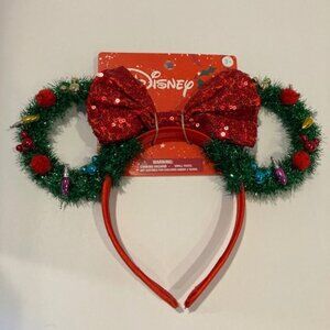 NEW Disney Minnie Mouse Christmas Ears Headband - Red Sequin Bow / Wreath Ears